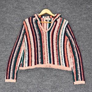 Roxy Knit Hoodie Women Medium Striped Pullover V-Neck Sweater Cotton